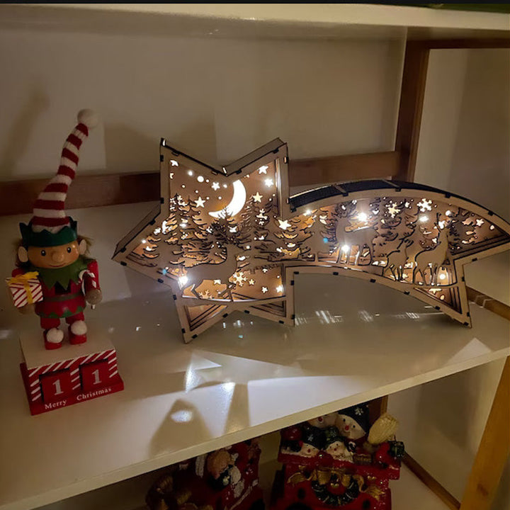 LED Trästjärna för juldekoration med varm belysning, konstnärlig design i trä, perfekt för heminredning