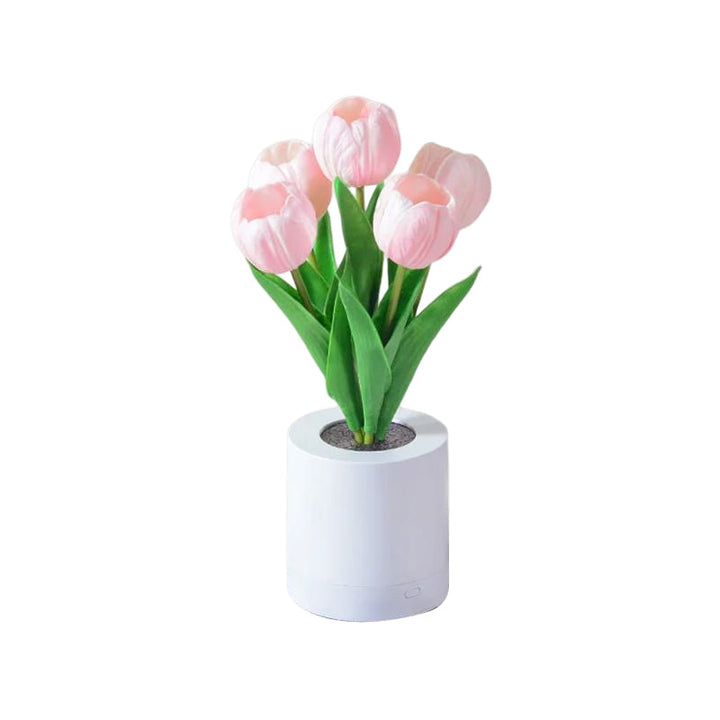 LED tulpan bordslampa i PU, uppladdningsbar. Eleganta vita, rosa och lila blommor med varmt ljus, höjd 30 cm.