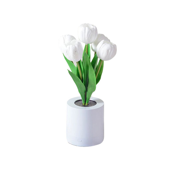 LED tulpan bordslampa i PU, uppladdningsbar. Eleganta vita, rosa och lila blommor med varmt ljus, höjd 30 cm.