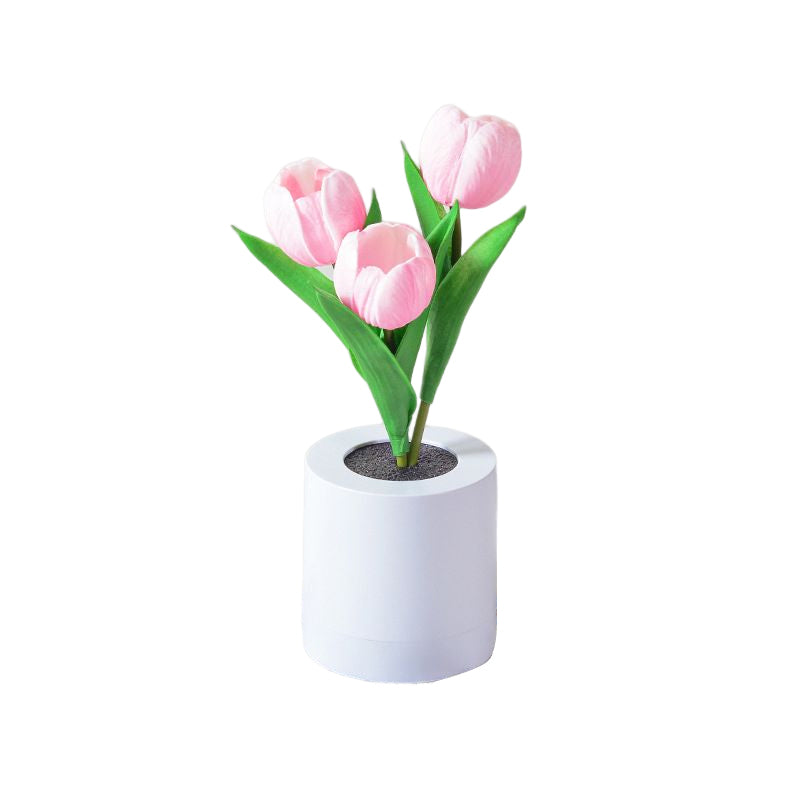 LED tulpan bordslampa i PU, uppladdningsbar. Eleganta vita, rosa och lila blommor med varmt ljus, höjd 30 cm.