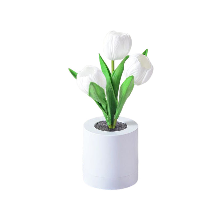 LED tulpan bordslampa i PU, uppladdningsbar. Eleganta vita, rosa och lila blommor med varmt ljus, höjd 30 cm.