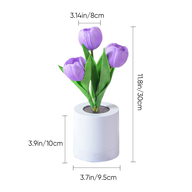 LED tulpan bordslampa i PU, uppladdningsbar. Eleganta vita, rosa och lila blommor med varmt ljus, höjd 30 cm.