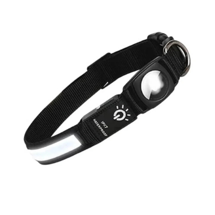 LED-upplyst hundhalsband med AirTag-hållare för ökad synlighet och säker spårning i mörker.