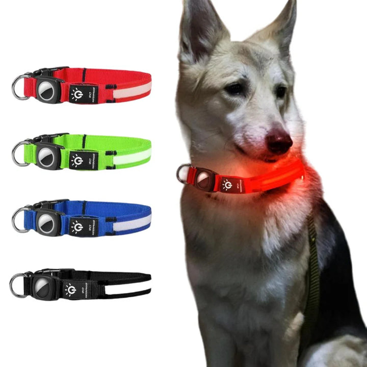Vattentätt, laddbart AirTag-hundhalsband med LED-belysning, idealiskt för säkerhet och spårning utomhus.