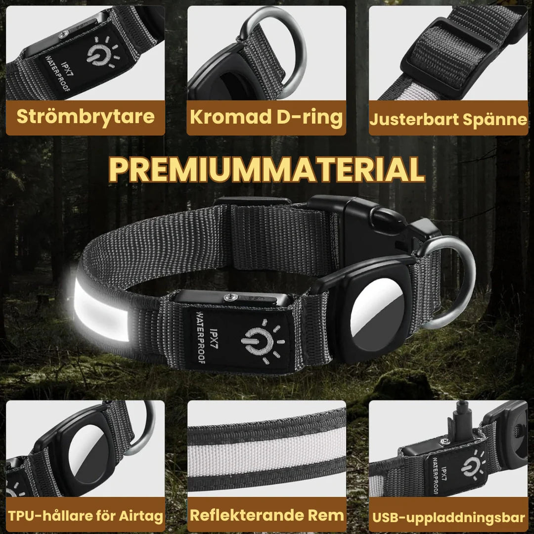 AirTag-hundhalsband med inbyggd LED-belysning för spårning och förbättrad synlighet utomhus.