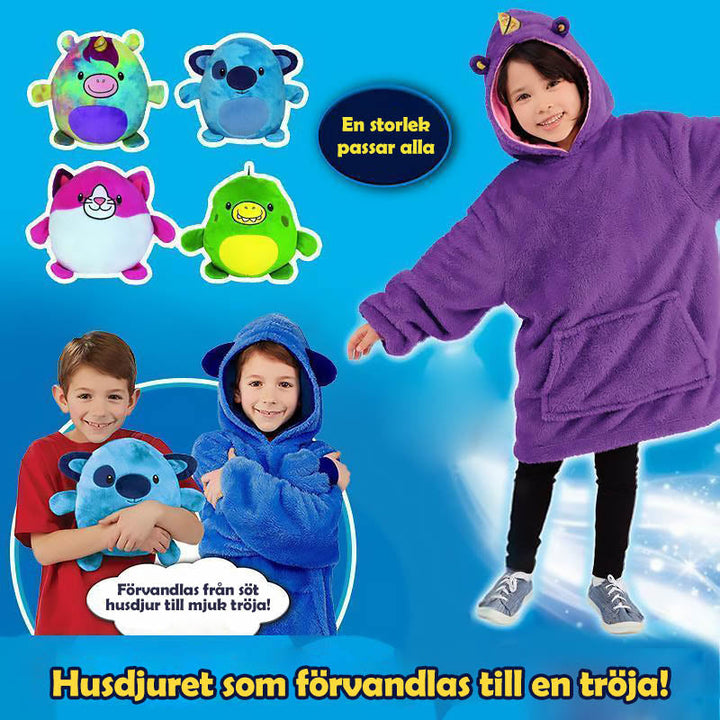 "Lekfull barnfleece hoodie och gosedjur i ett, mjukt pastellfärgat tyg för inomhus- och utomhusäventyr."
