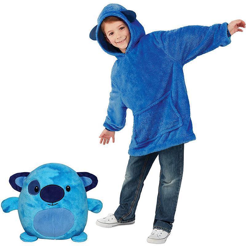 "Lekfull barnfleece hoodie och gosedjur i ett, mjukt pastellfärgat tyg för inomhus- och utomhusäventyr."