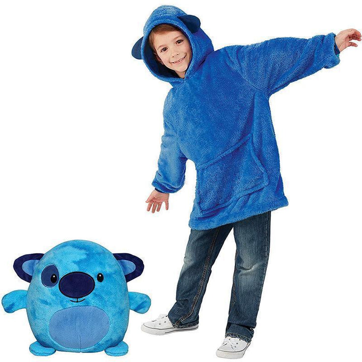 "Lekfull barnfleece hoodie och gosedjur i ett, mjukt pastellfärgat tyg för inomhus- och utomhusäventyr."