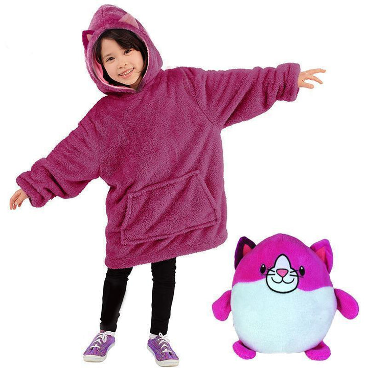 "Lekfull barnfleece hoodie och gosedjur i ett, mjukt pastellfärgat tyg för inomhus- och utomhusäventyr."