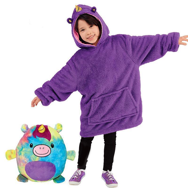 "Lekfull barnfleece hoodie och gosedjur i ett, mjukt pastellfärgat tyg för inomhus- och utomhusäventyr."
