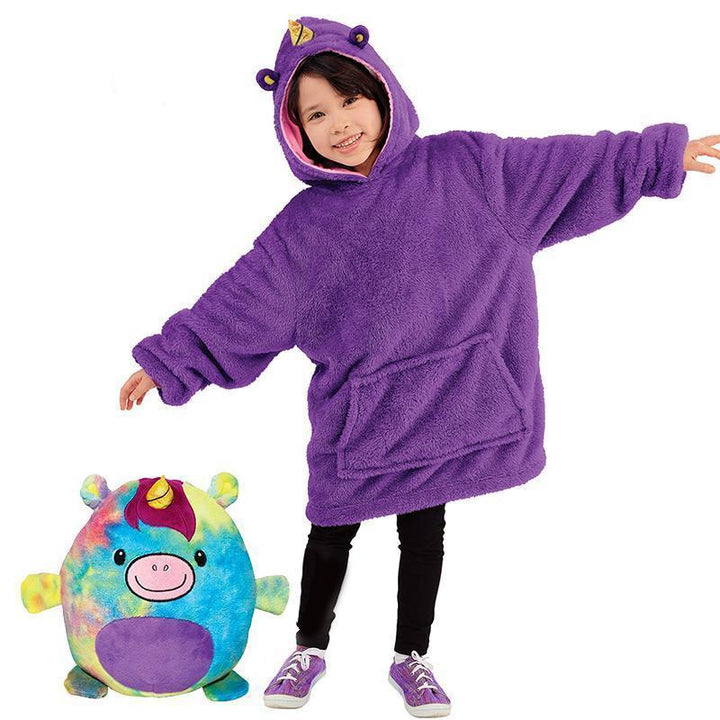 "Lekfull barnfleece hoodie och gosedjur i ett, mjukt pastellfärgat tyg för inomhus- och utomhusäventyr."