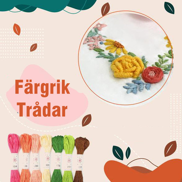 DIY broderikit med livfulla färger, färgglada trådar och mönster för personlig prägel på kläder och accessoarer.