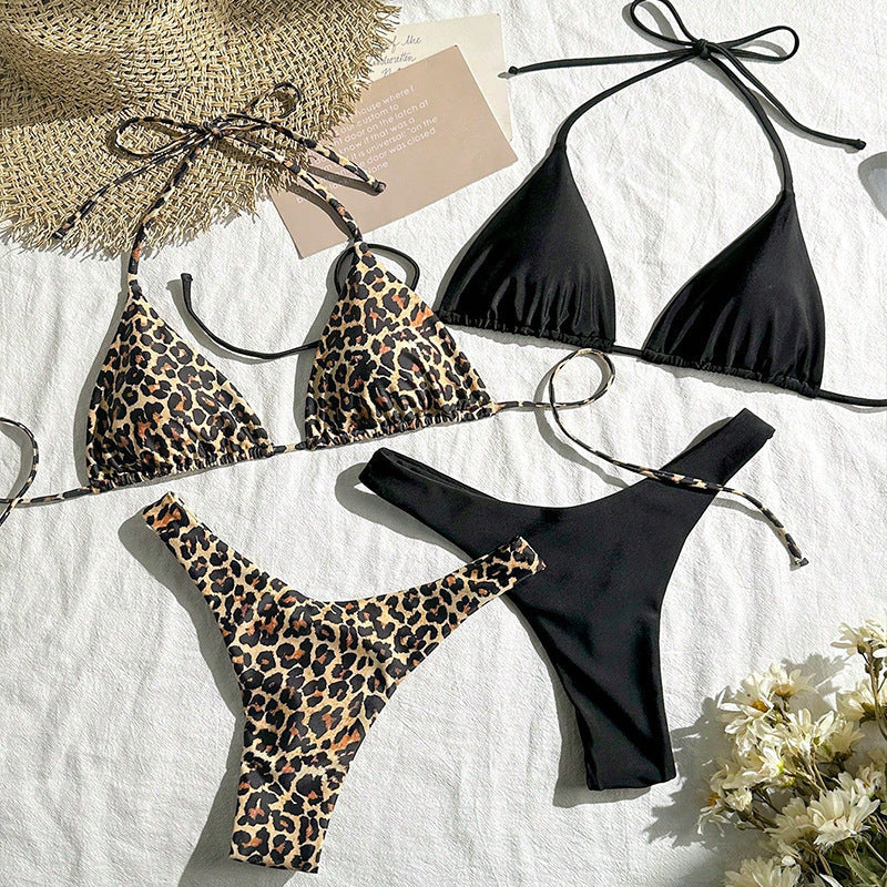 Leopardmönstrad damtriangel-bikini.