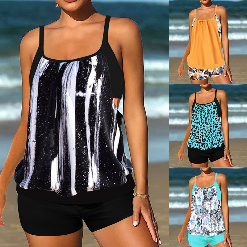 Leopardmönstrad tankini-set för kvinnor med flödande topp. Bekväma dambadkläder för strand & pool.