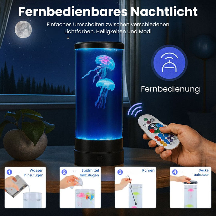 Hand som håller fjärrkontroll bredvid manetlampa med instruktioner för påfyllning