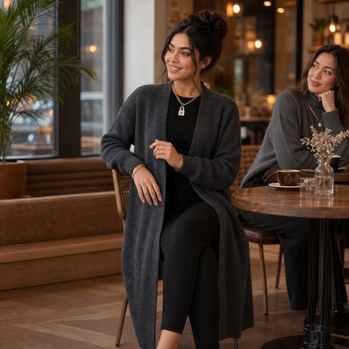 Kvinna som sitter på ett kafé iklädd en elegant lång grå kofta