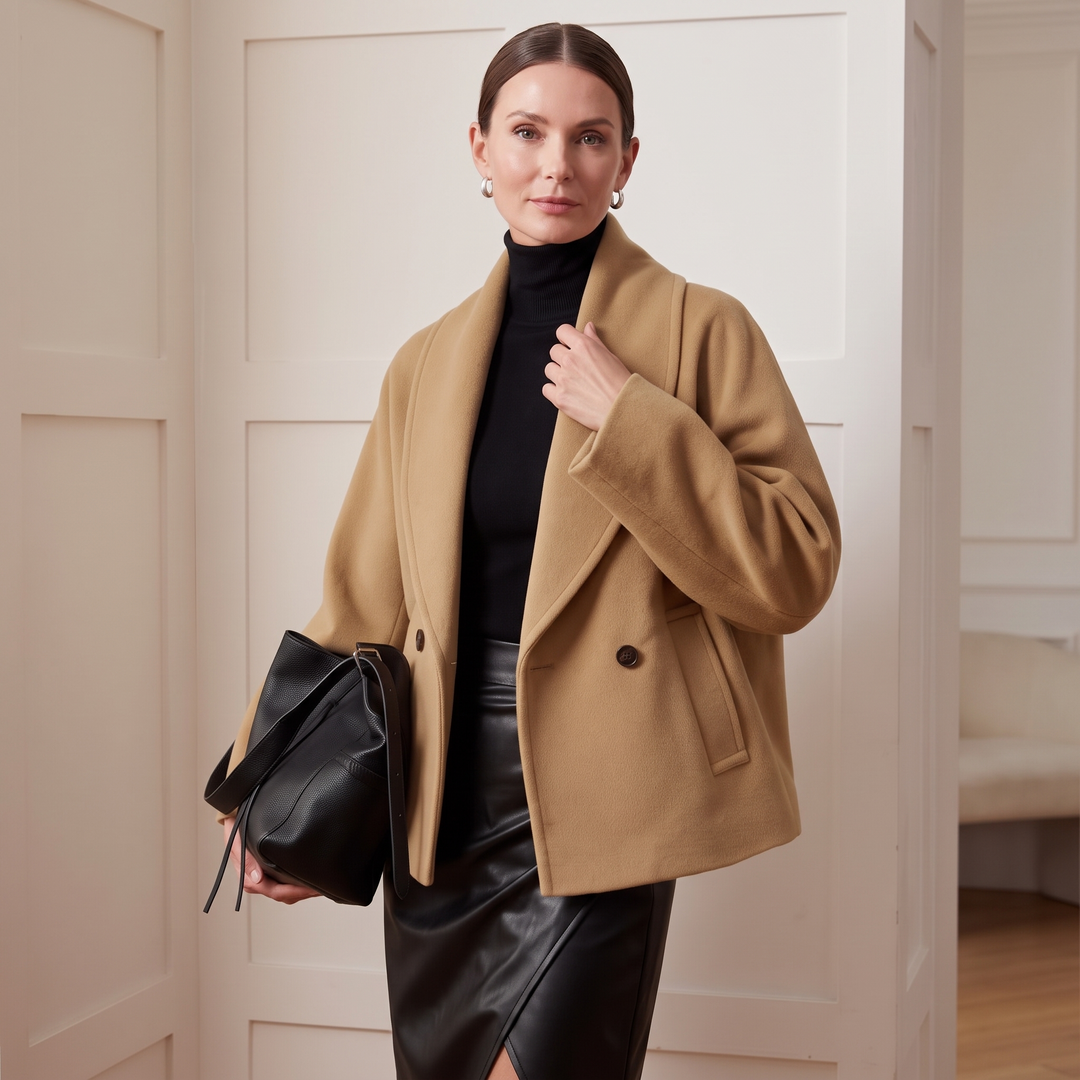Elegant modell i brun kort kappa med dubbelknäppning