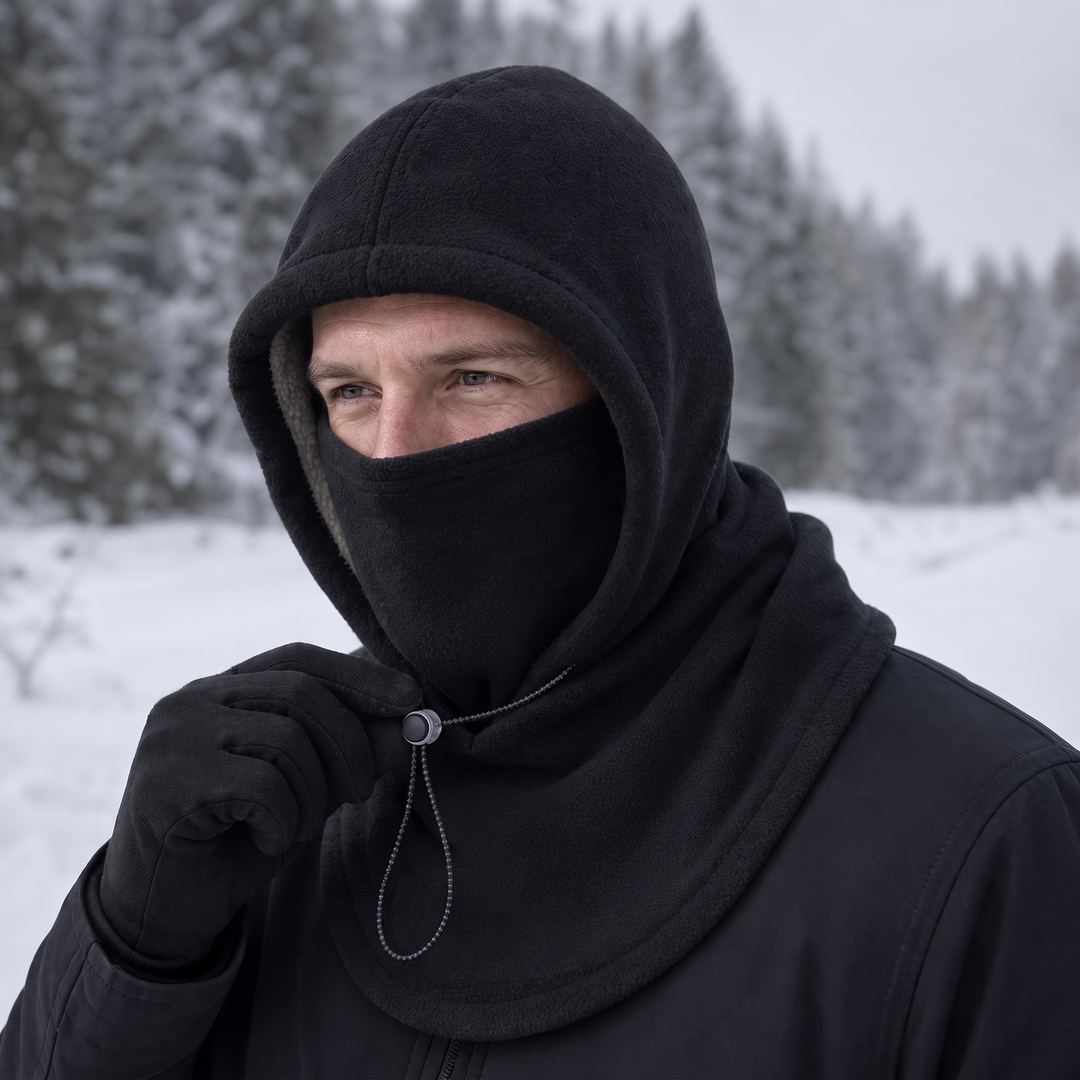 Person som justerar den vindtäta balaklavorna i vintermiljö