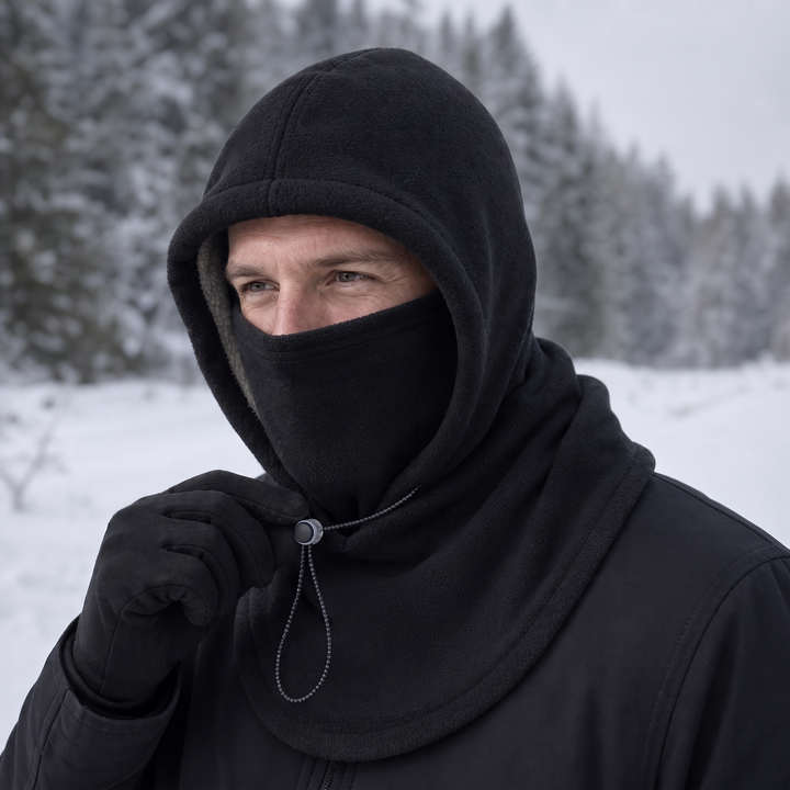 Person som justerar den vindtäta balaklavorna i vintermiljö