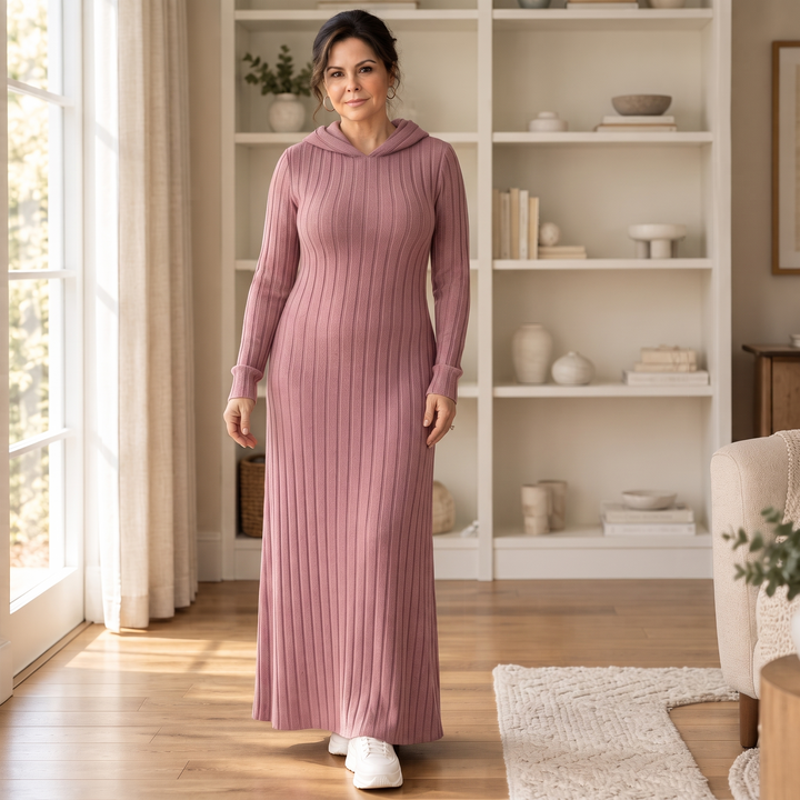 Stående modell i rosa stickad maxiklänning med huva inomhus
