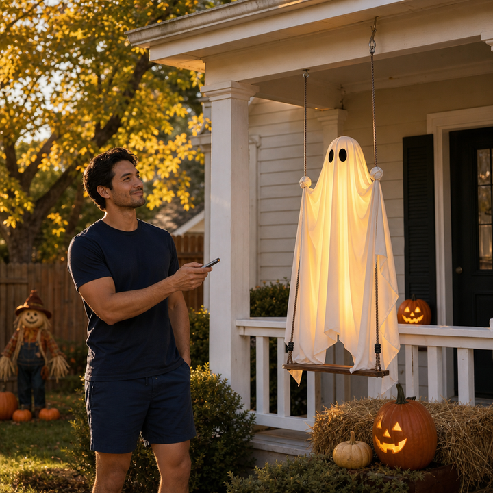 Halloween spöke med LED-belysning sittande på gunga för träd