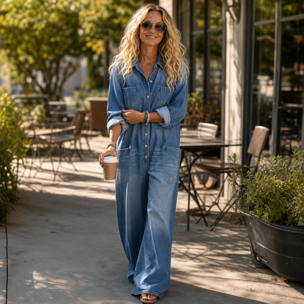 Modell i snygg overall med uppvikta ärmar som håller en kaffekopp på gatan