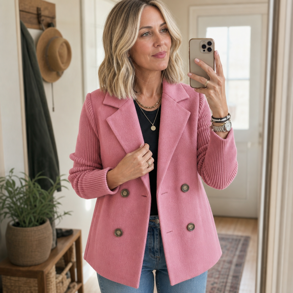 Kvinna som visar upp rosa blazer framför spegel