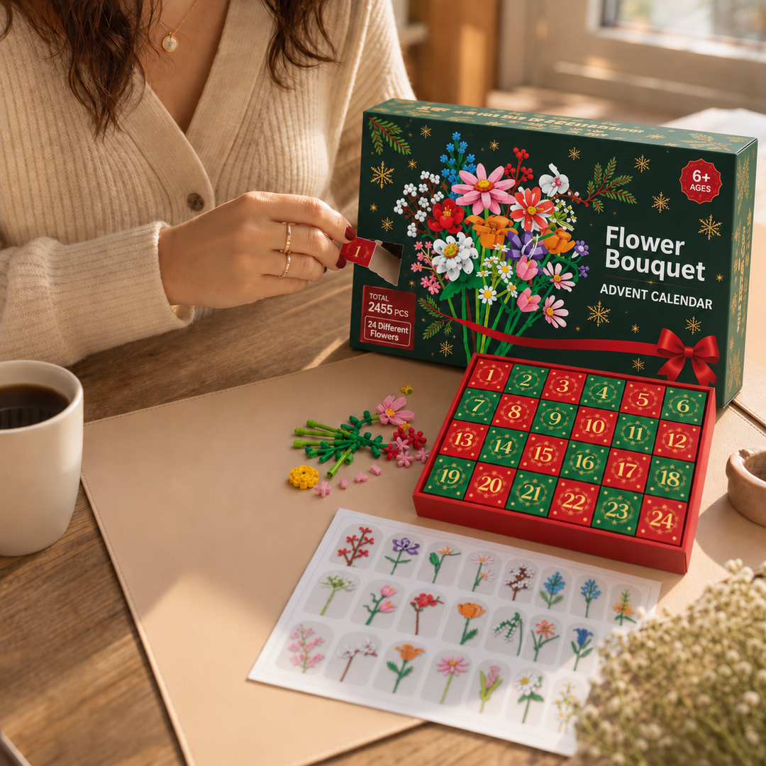 Advent Bloom kalenderask med byggsatser och tillbehör