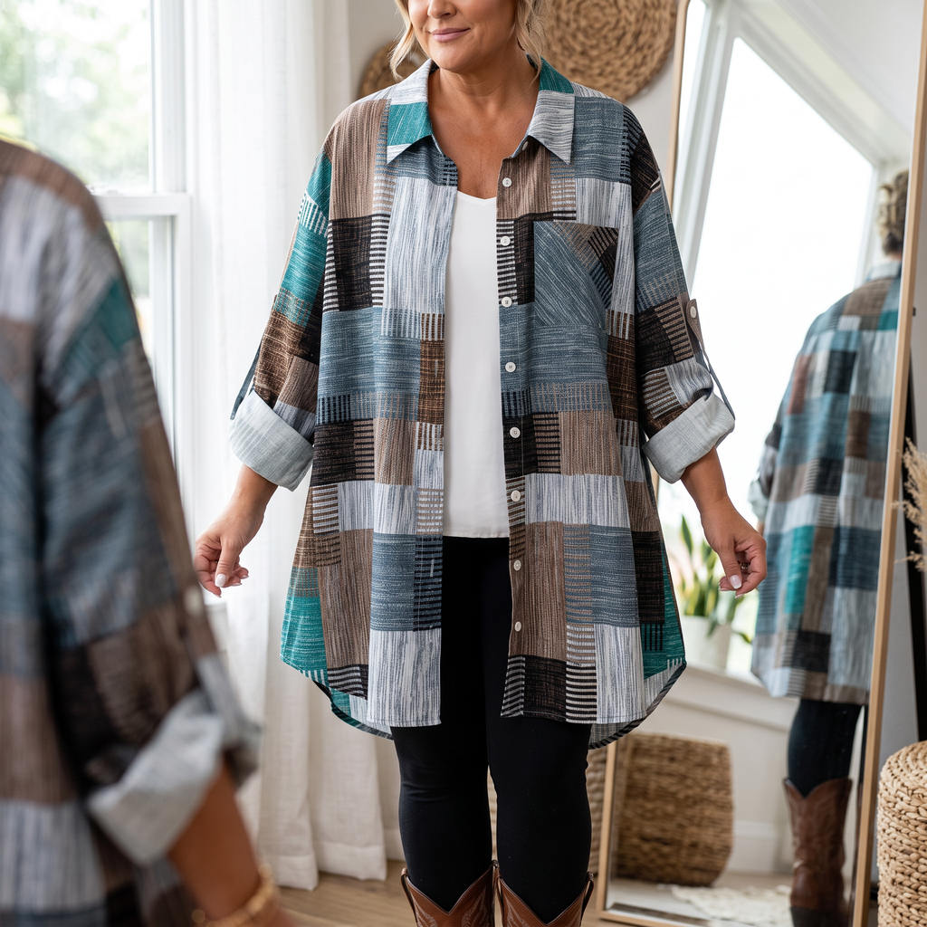 Framsida av dam patchwork rutig skjorta som fungerar som ytterlager