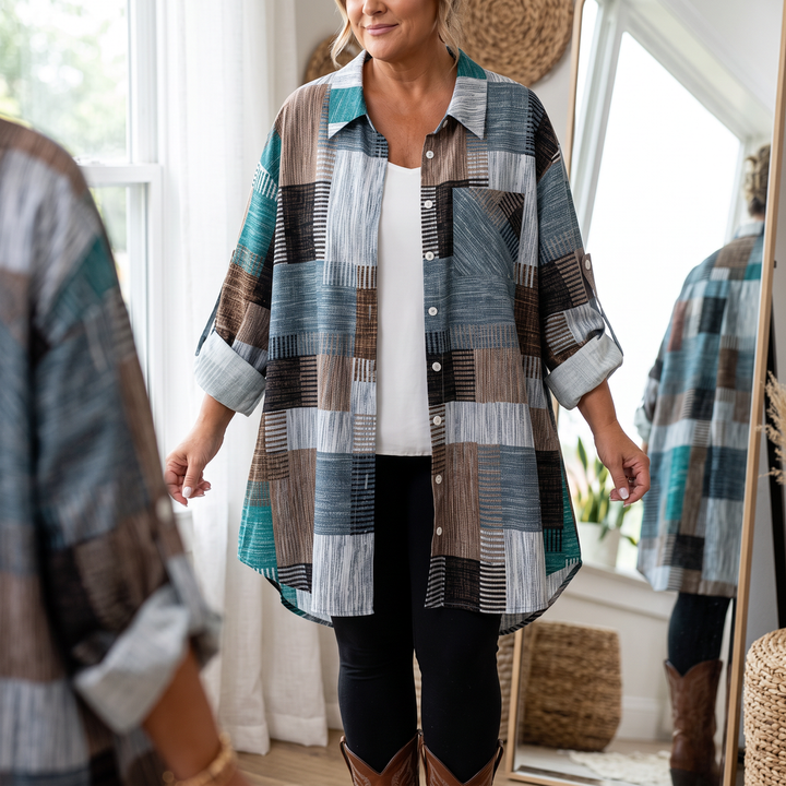 Framsida av dam patchwork rutig skjorta som fungerar som ytterlager