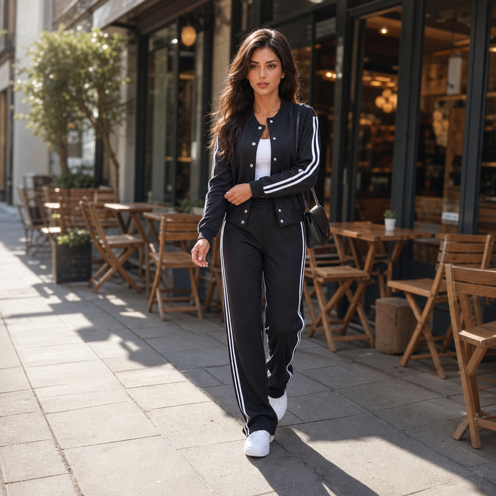 Elegant modell i matchande loungewear-set som promenerar på gatan