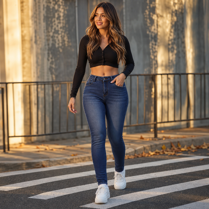 Snygga damjeans i blå denim med figurnära passform