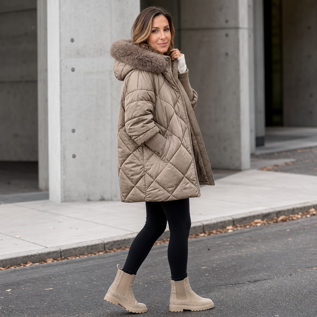 Sidovy på kvinna iklädd elegant brun vinterparka med rymlig huva