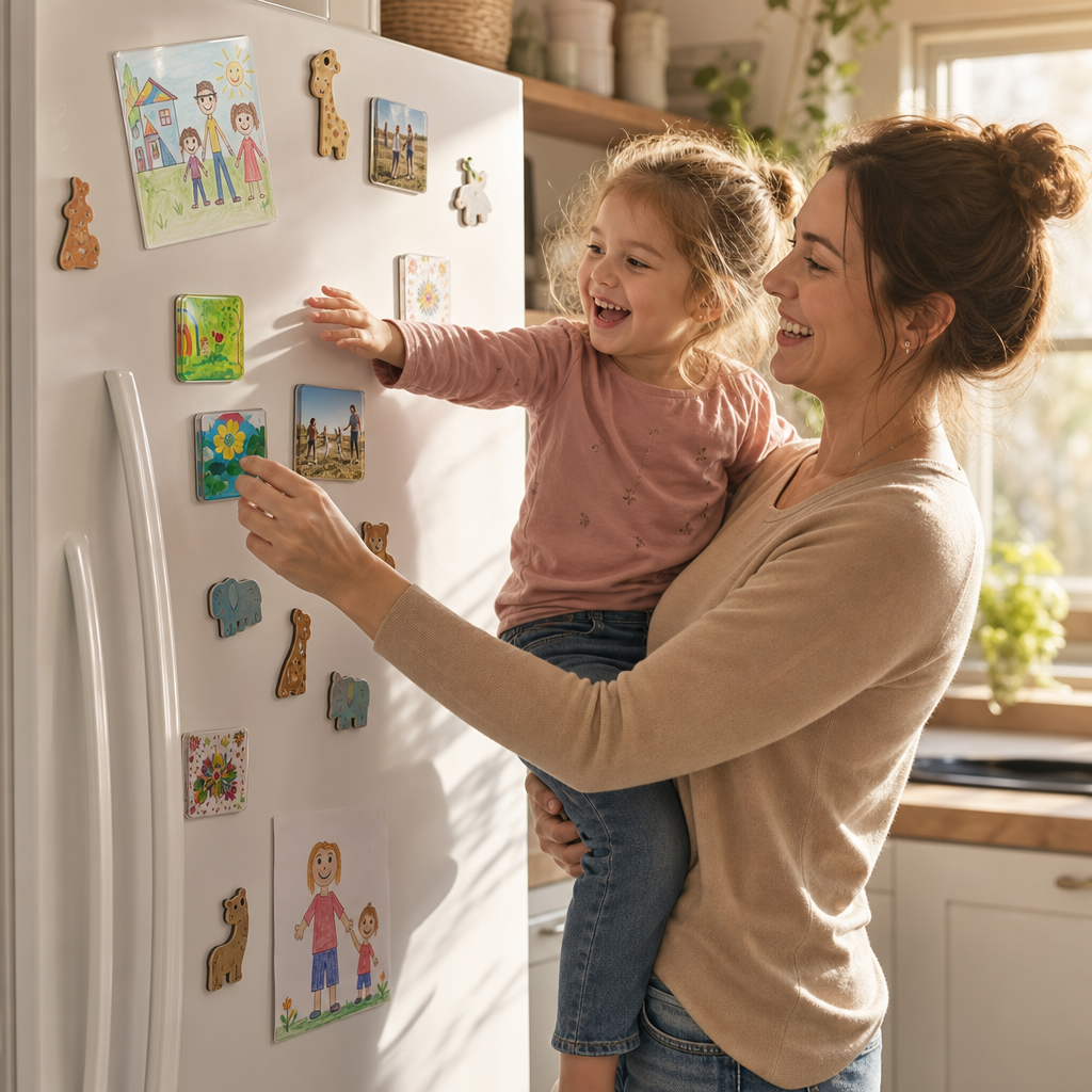 Glad familj som sätter upp egentillverkade fotomagneter på kylskåpet [[lstfy-media:3]]