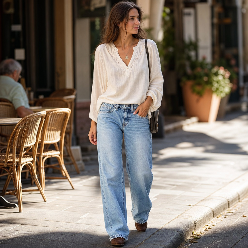 Modell i ljusblå vida jeans och vit skjorta vid uteservering