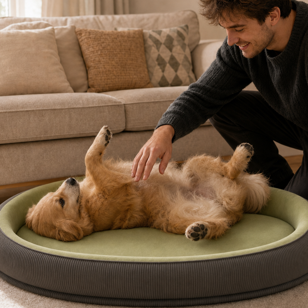 Glad hund som sträcker ut sig på rygg i den ergonomiska och vändbara hundbädden