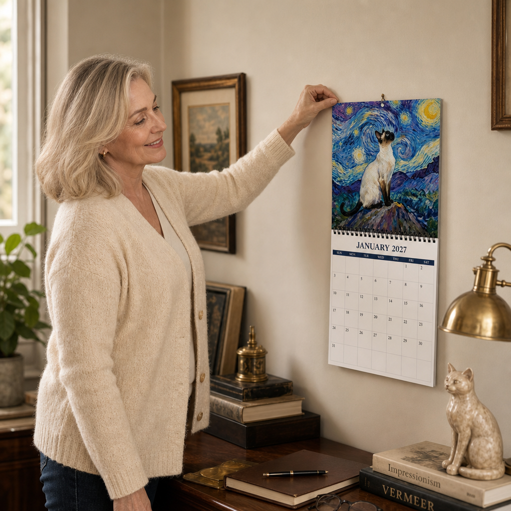 Kvinna som hänger upp Purrfecto kattkalender i ett mysigt arbetsrum
