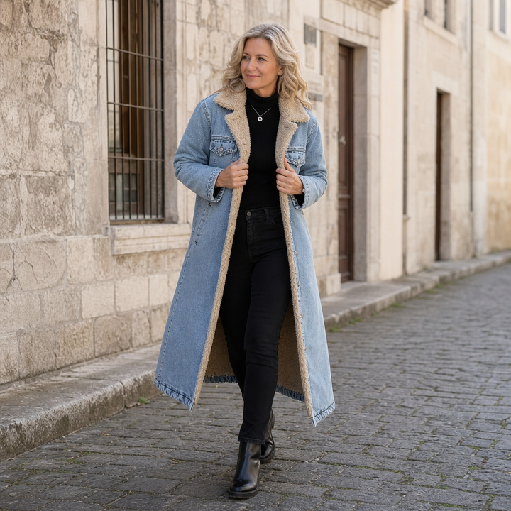 Kvinna i medelåldern promenerar i lång denimkappa med teddykrage utomhus