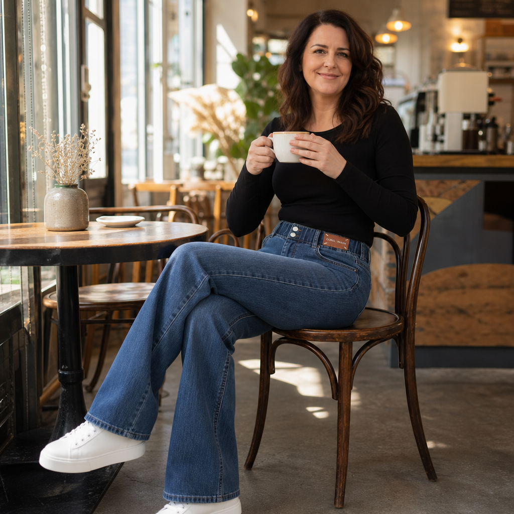 Kvinna sittande på ett café iklädd stilrena utsvängda jeans
