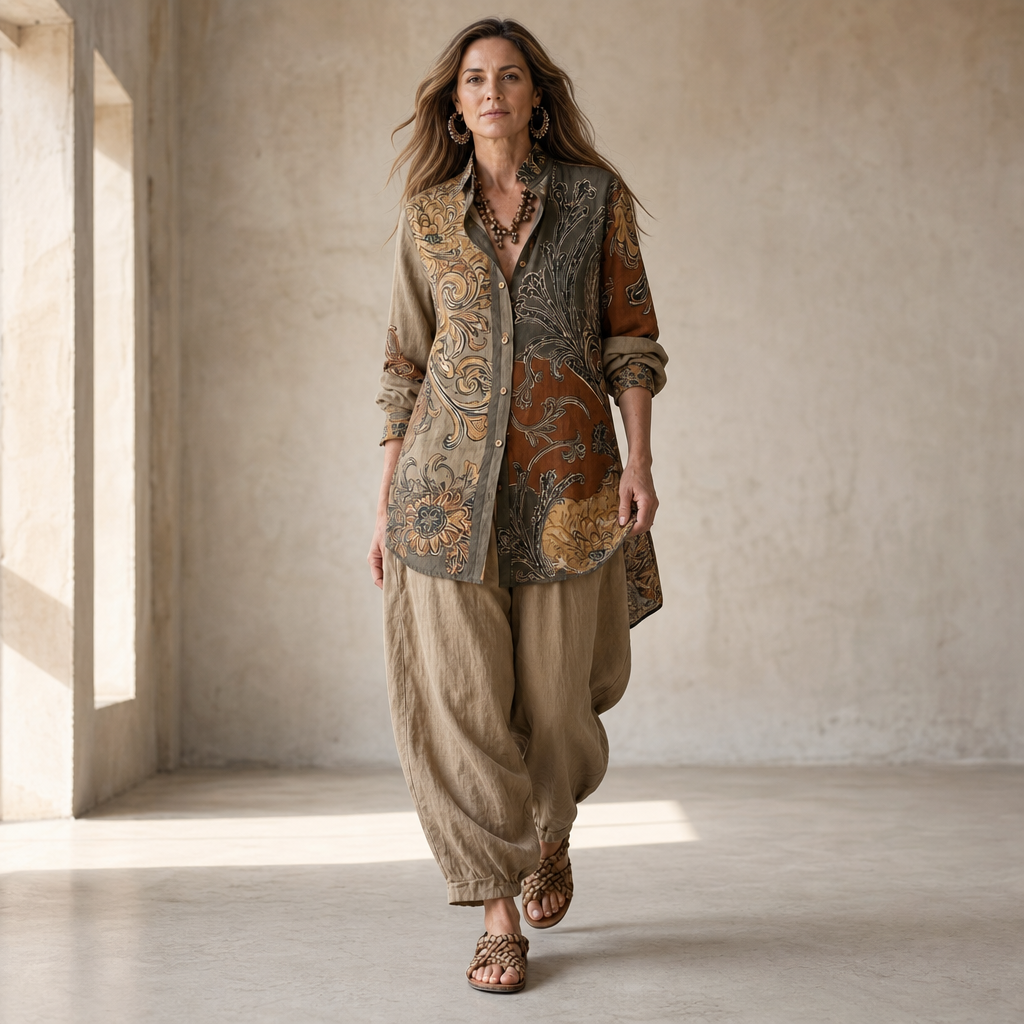 Beige och vit mönstrad tunika med tillhörande byxor i avslappnad boho-stil