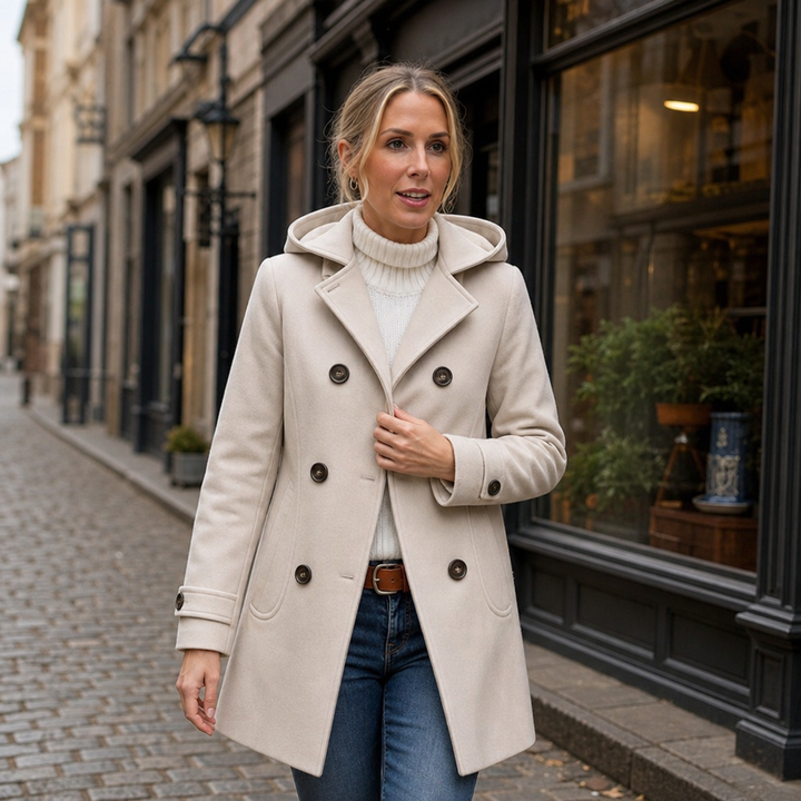 Snygg damkappa i beige med knappar och turtleneck-tröja
