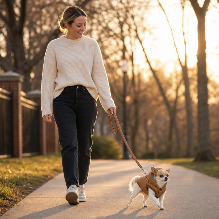 Ägare som går promenad utomhus i solljus med sin hund i jacka