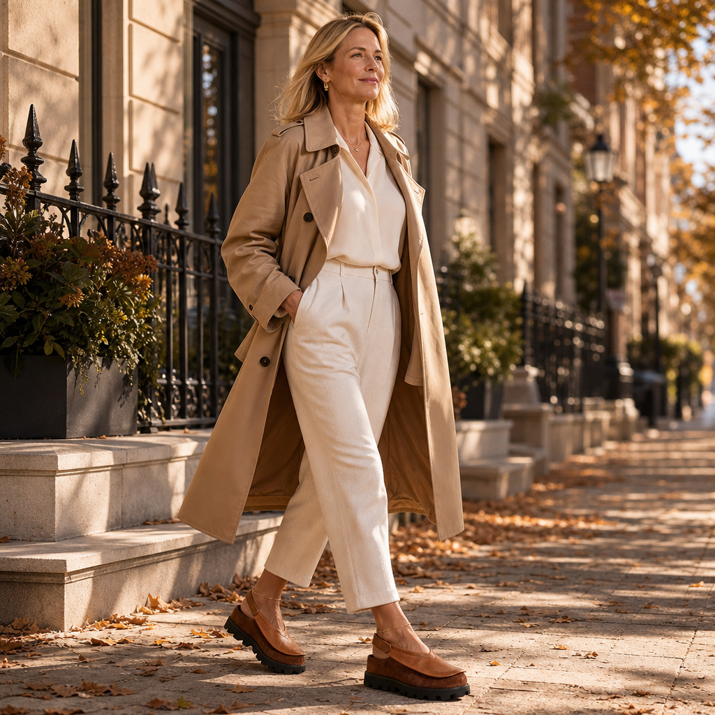 Elegant kvinna i trenchcoat som promenerar i stilrena ballerinaskor