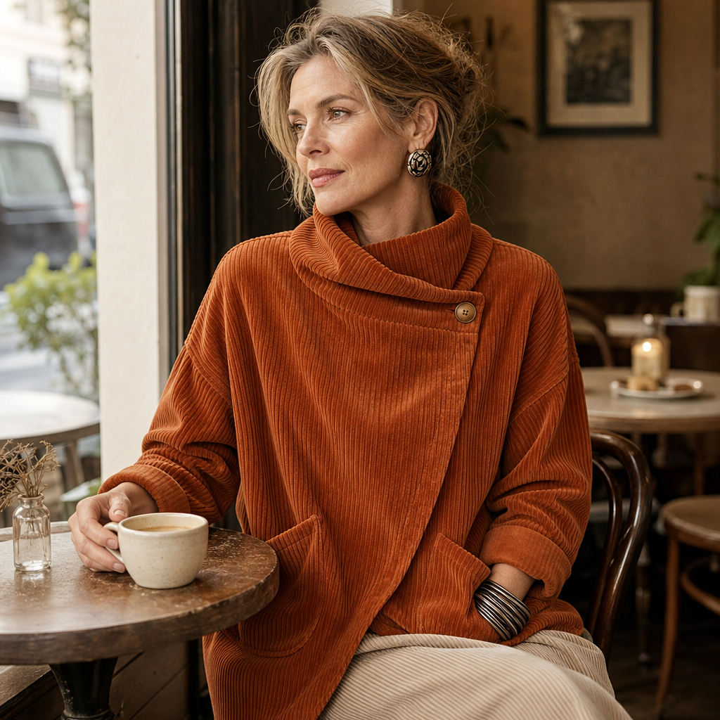 Kvinna i orange topp som sitter på ett kafé med en kaffekopp
