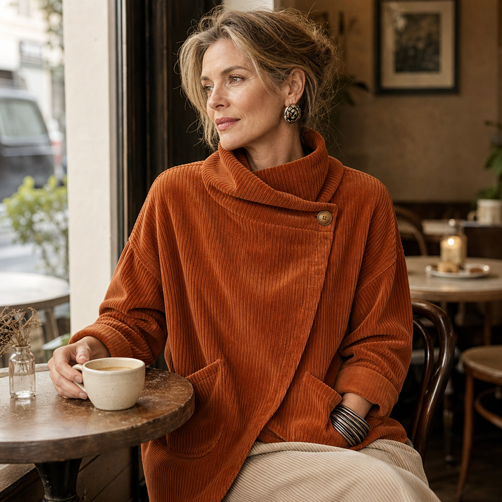 Kvinna i orange topp som sitter på ett kafé med en kaffekopp