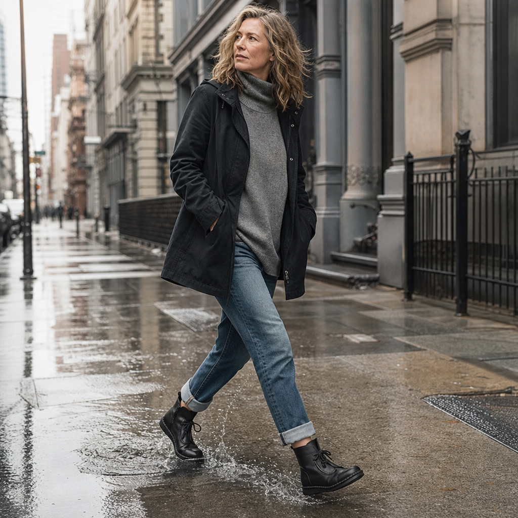 Kvinna som promenerar på stadsgata i svarta Marisol boots