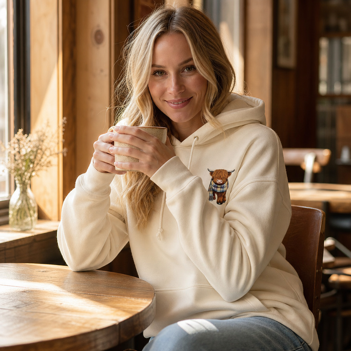 Kvinna som sitter på ett kafé och dricker varm dryck i en mjuk tröja