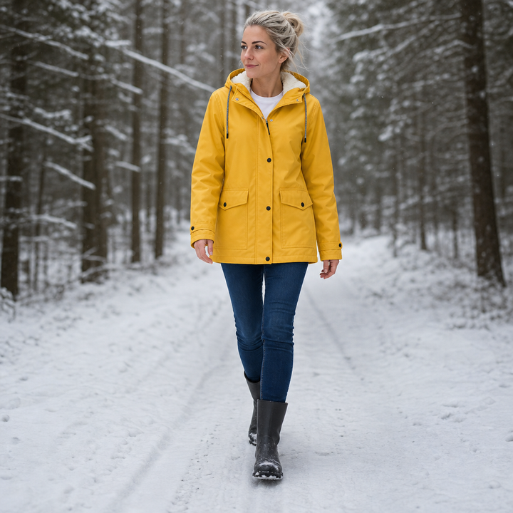 Kvinna som promenerar i snöklädd skog iförd gul jacka