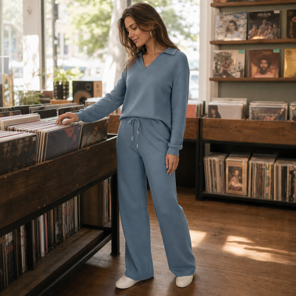 Kvinna i blått lounge set som tittar på vinylskivor i en skivaffär