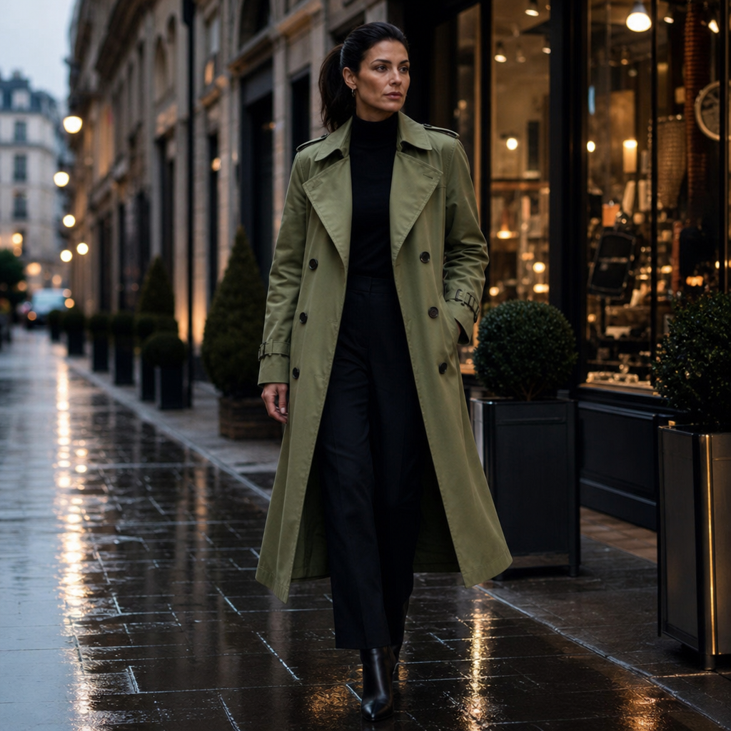 Damernas långa trenchcoat Mayfield med dubbelknäppning sedd bakifrån